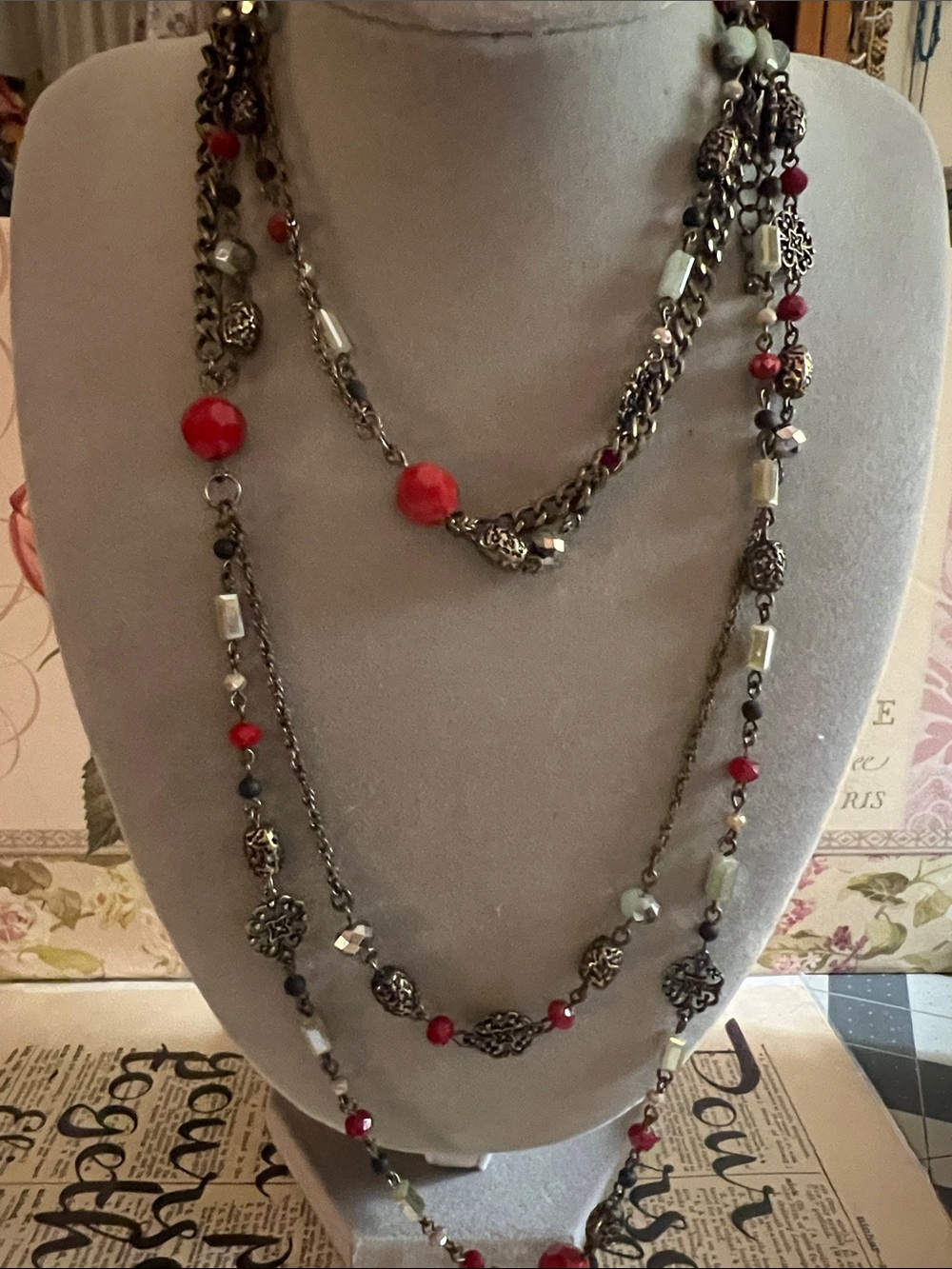 Premier Designs Red Bead Multi-Strand Necklace with Antiqued Chains